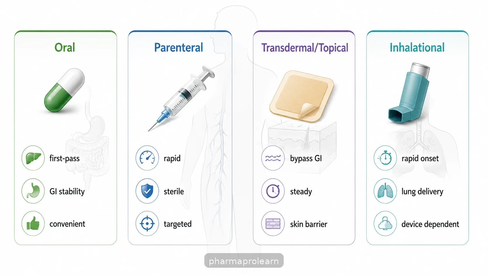 Four-panel comparison of oral, parenteral, transdermal/topical, and inhalational routes with key constraints and advantages.