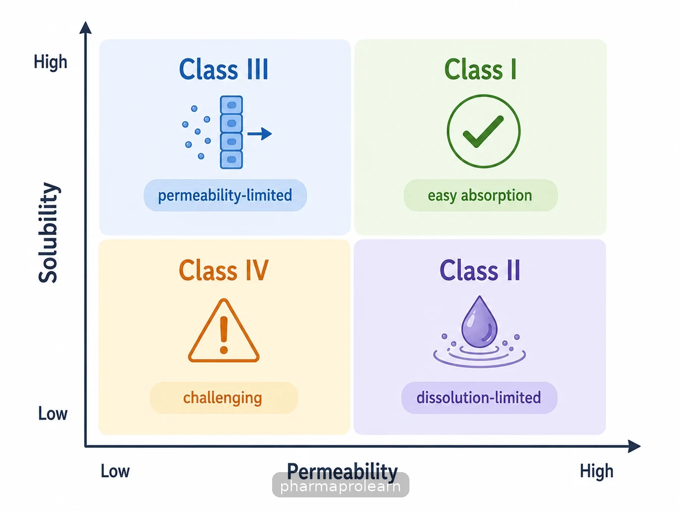 BCS 2x2 chart classifying drugs by solubility and permeability with brief implications for absorption challenges.